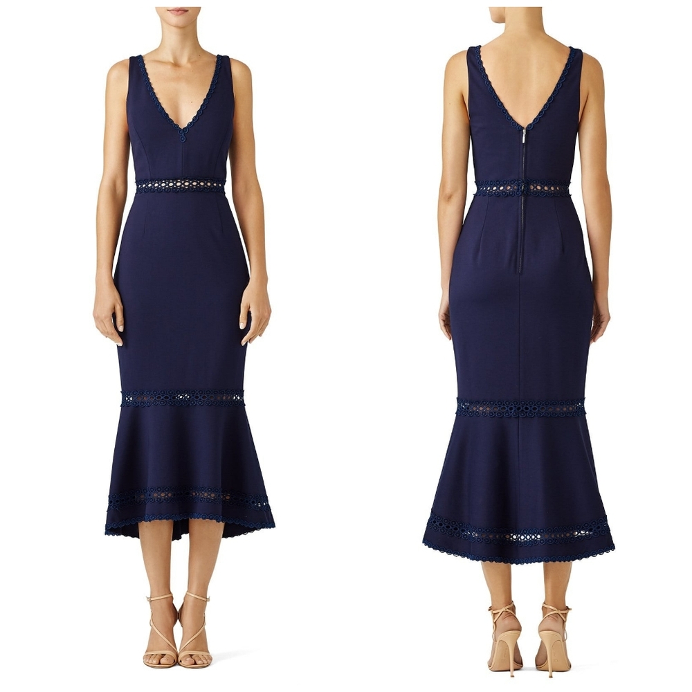 Nicholas Plunging Navy Dress, Midi High-Low Evening Dress, Wedding, Party Dress